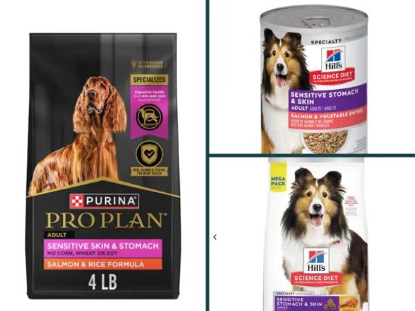 A simple infographic showing dog food for sensitive stomachs from Hill’s Science Diet and Purina Pro Plan
