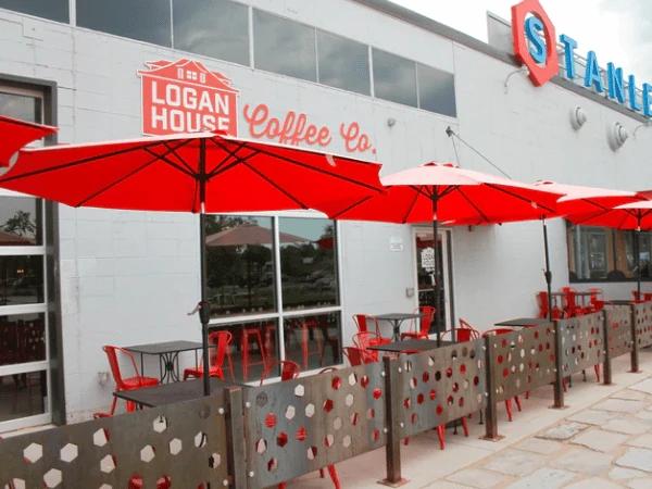 The outside of Logan House Coffee Company, a dog friendly restaurant near Central Park Denver