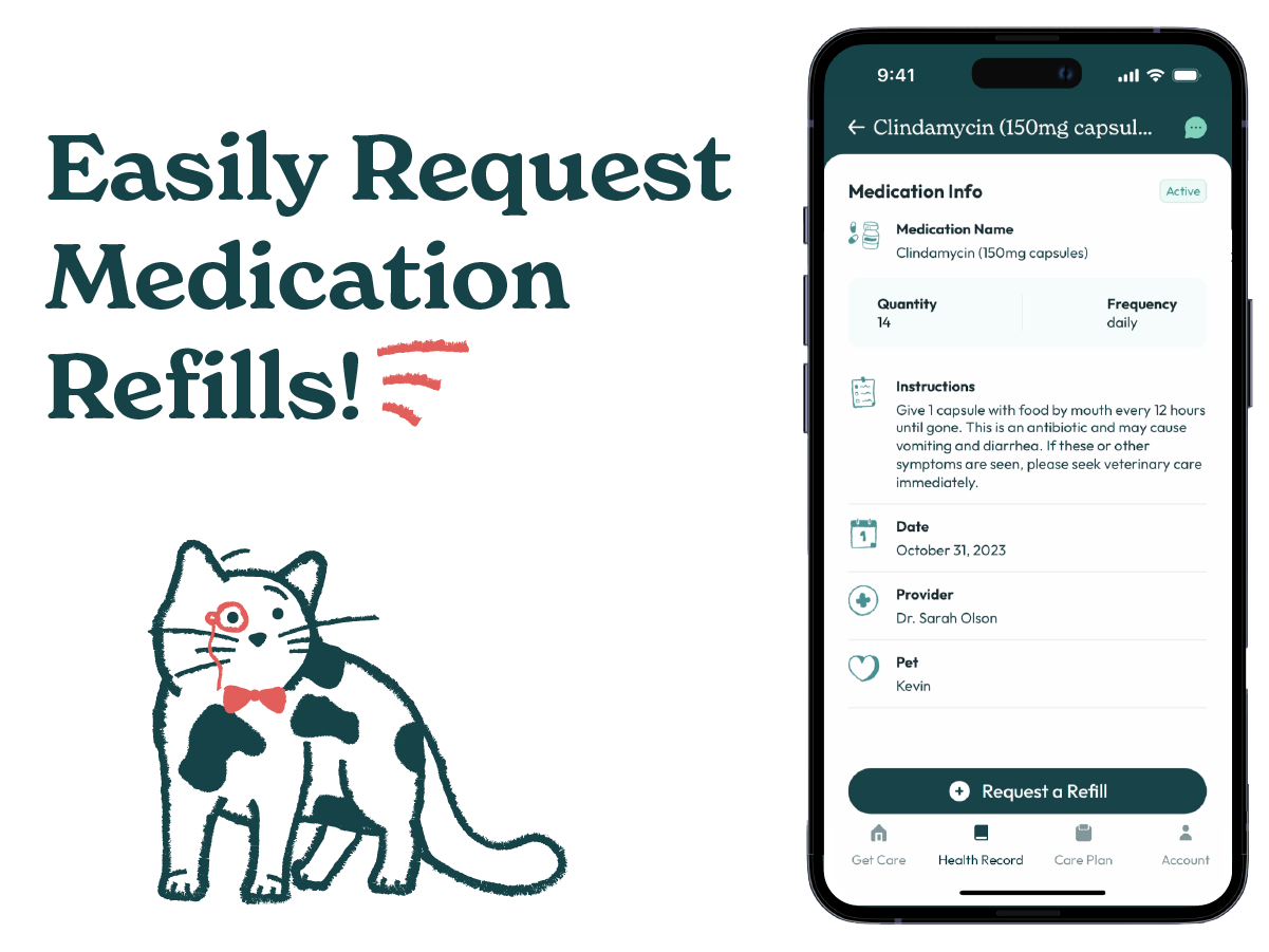 A screenshot of the Sploot Vets app, a veterinary app that allows pet parents to request medication refills and deliveries with just a touch of a buttont