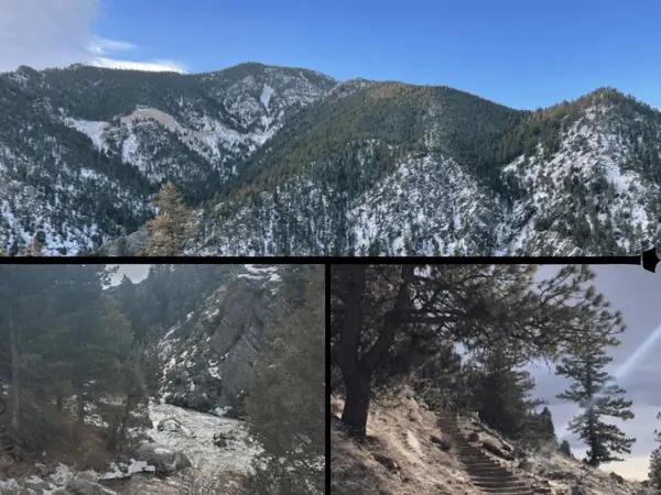 A collage of one of the best dog friendly hikes in Denver during winter, Eldorado Canyon Trail