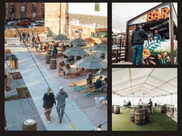 A collage of pictures of one of the dog friendly bars or dog friendly breweries in Denver Colorado, Improper City