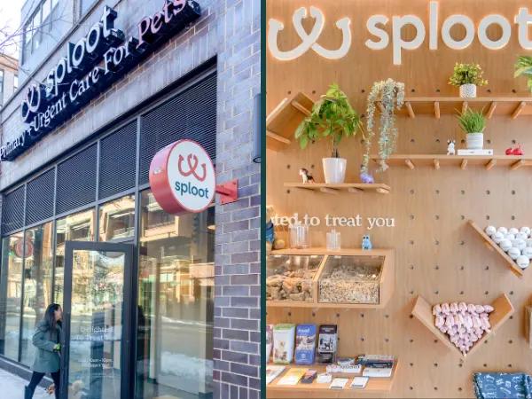 A side-by-side photo of the Sploot treat bar and the outside of Sploot Veterinary Care - Logan Square, one of the best dog vet clinics in Chicago, Illinois