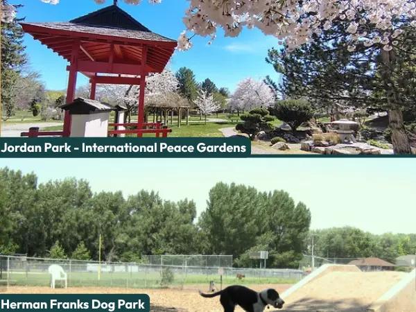 A collage showing photos of Jordan Dog Park and Herman Franks Dog Park, two fenced off-leash dog parks in Salt Lake City