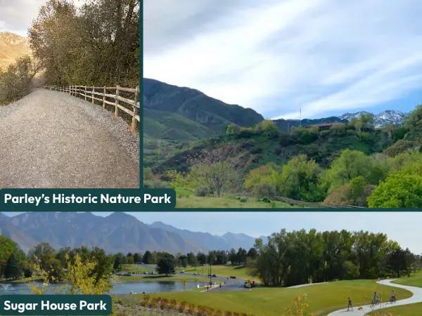 Photos of Sugar House Park and Parley’s Historic Nature Park, two dog-friendly parks in Salt Lake City