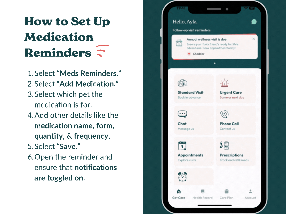 A GIF showing how to add pet medication reminders on the Sploot Vets pet care app