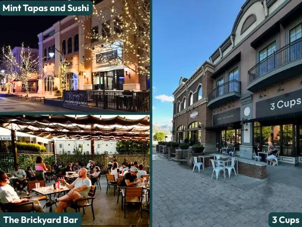 A collage of photos of dog-friendly restaurant patios in Salt Lake City, including ones from Mint Tapas & Sushi, The Brickyard Bar, and 3 Cups