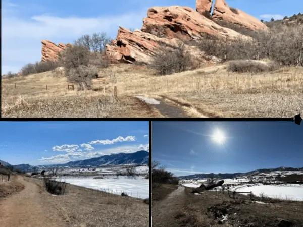 A collage of one of the best dog friendly hikes in Denver during winter, Coyote Song Trail