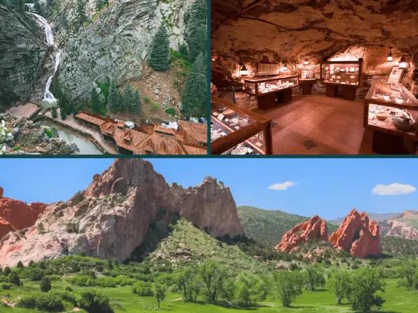 Photos of Broadmoor Seven Falls, Manitou Cliff Dwellings, and Garden of the Gods, dog friendly daytrips in Colorado Springs