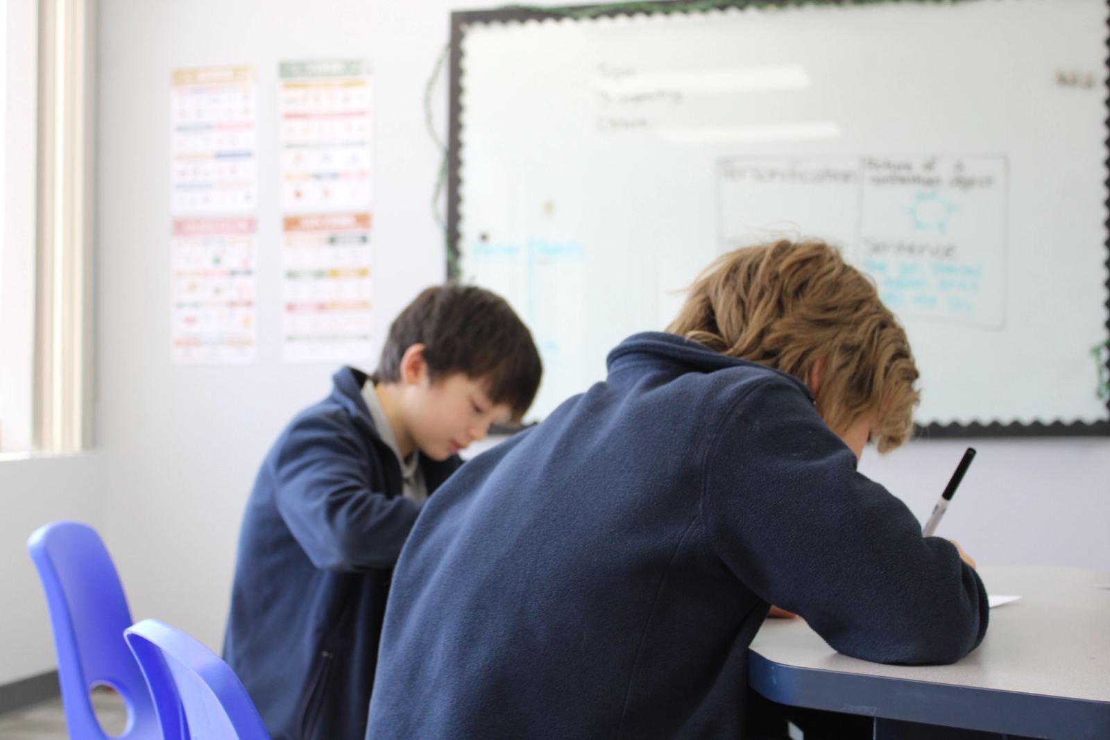 Elementary students working through a math problem together at SELA