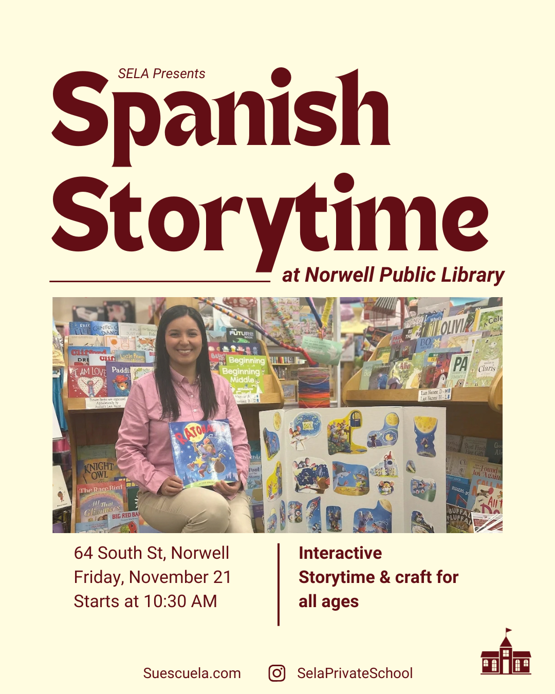 Event flyer for SELA's Spanish Storytime at Thayer Public Library: a teacher reads a picture book beside a felt-board display. Friday, September 25 at 10:30 AM.