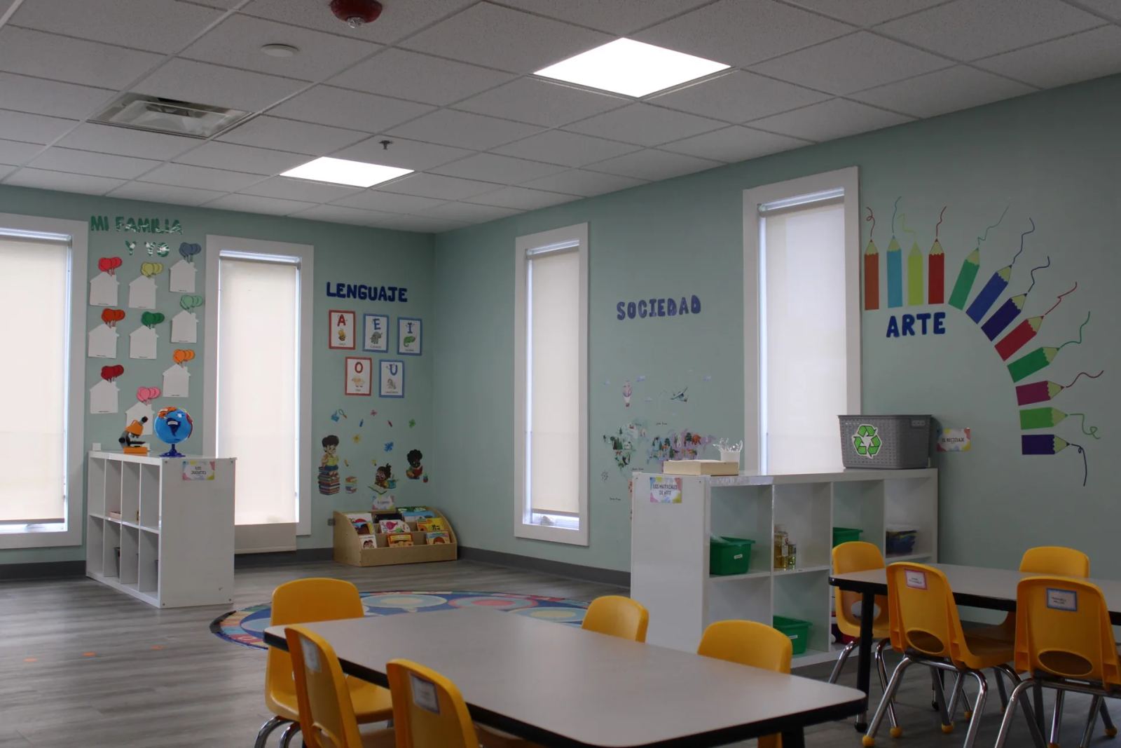 A colorful immersion classroom with Spanish learning walls at SELA's Norwell campus.