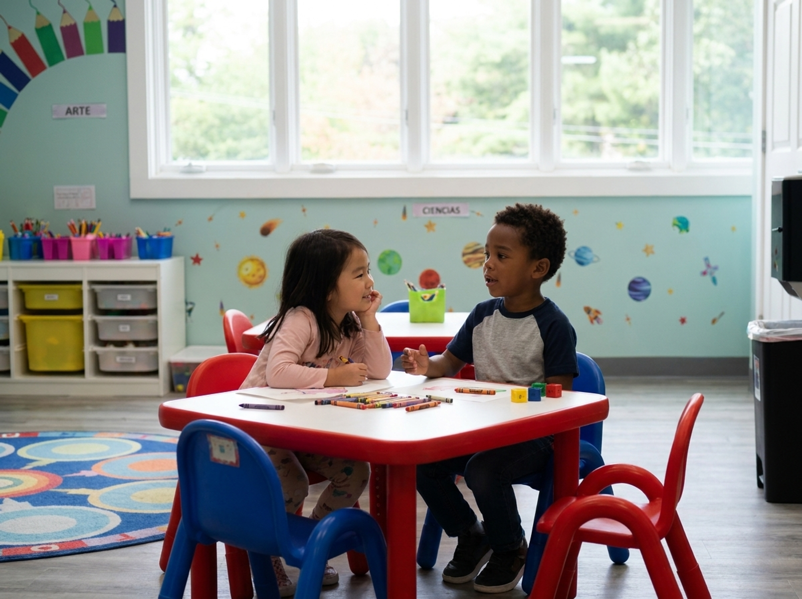 A SELA Kindergartner by his backpack smiling at the camera