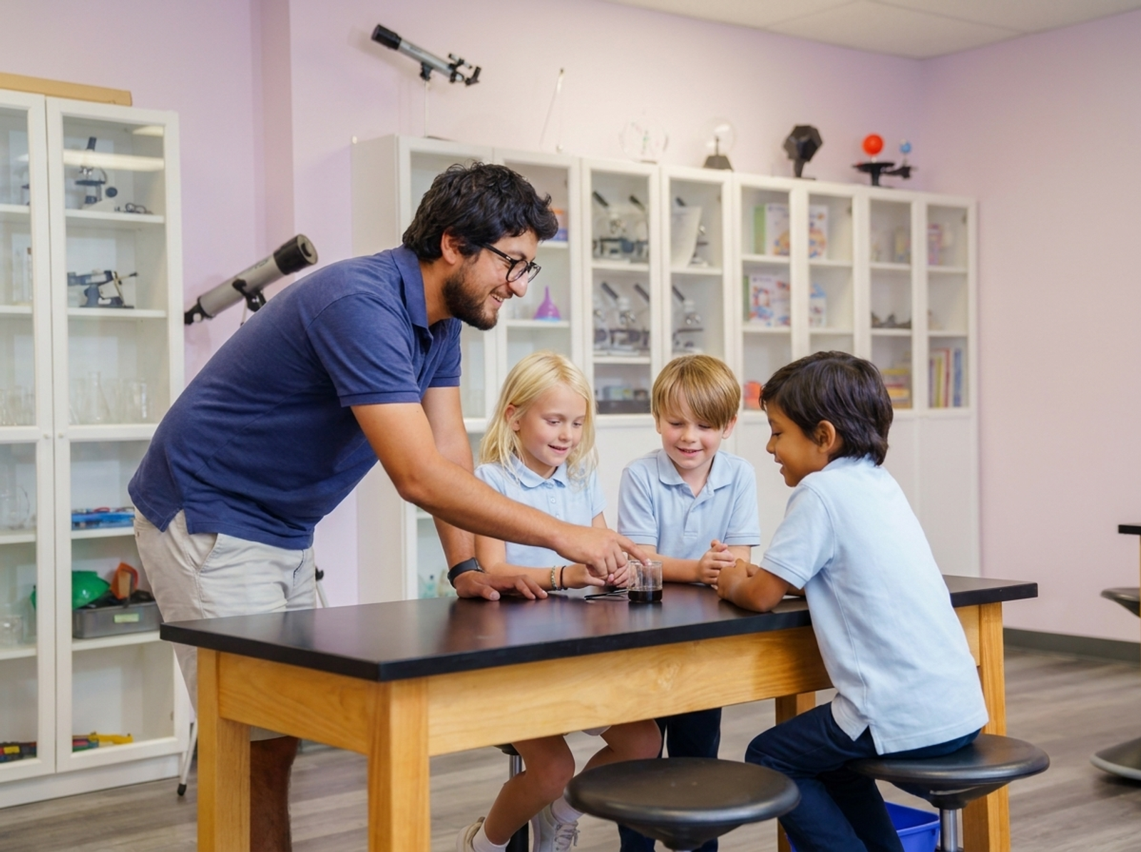 A SELA faculty member leads a small-group lesson with attentive students.