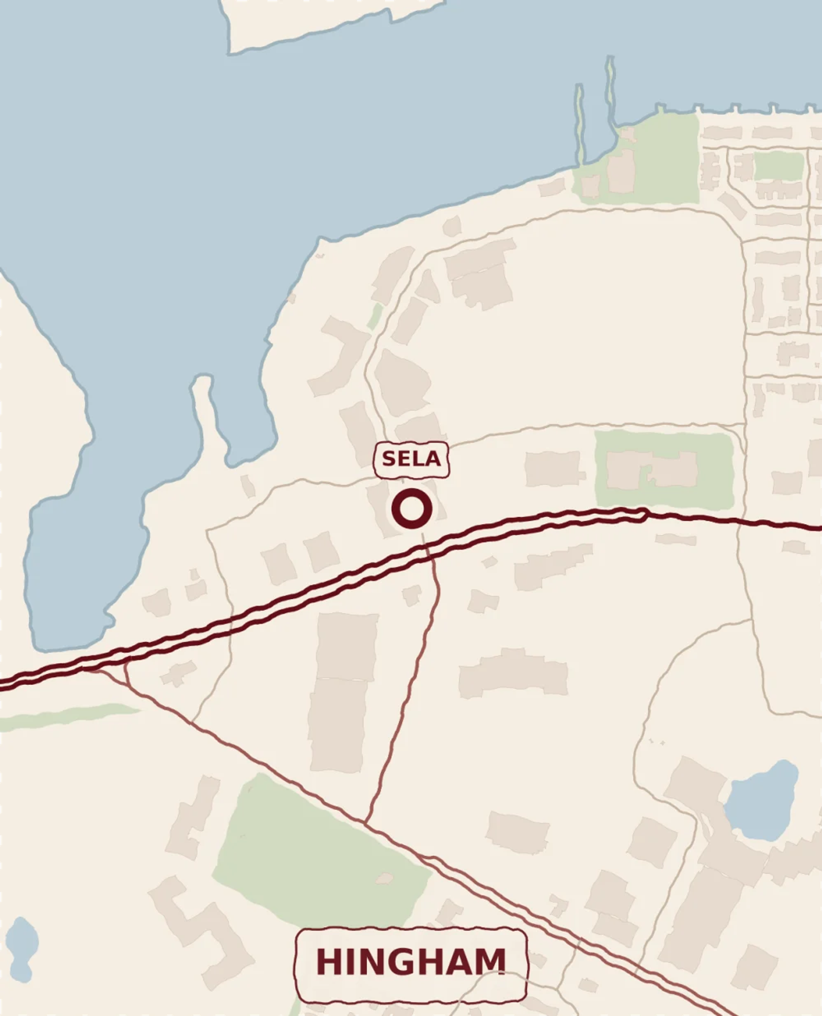 A hand-drawn map of SELA's Hingham campus at the Hingham Shipyard, on the harbor