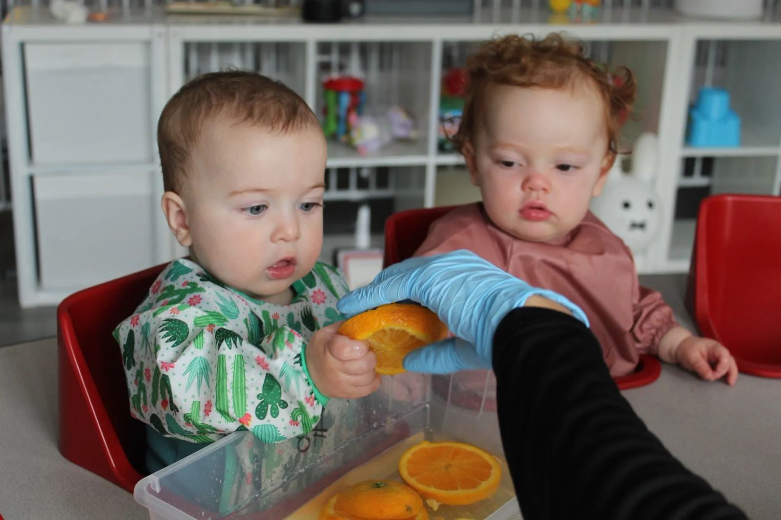 A teacher’s gloved hand guides two infants exploring a sensory table in the SELA infant room.