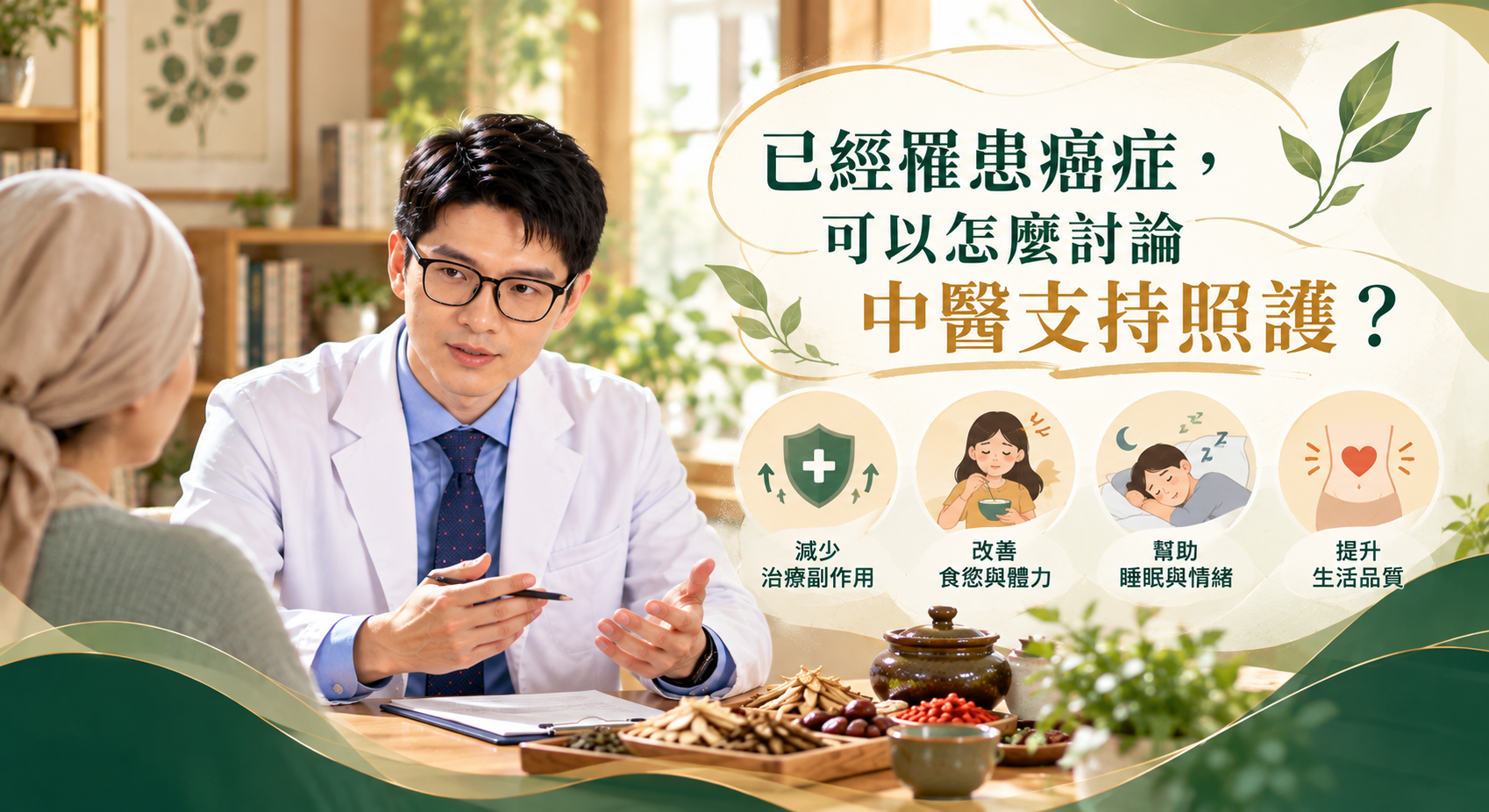 中醫師與癌症患者討論支持照護,圖示說明可協助減少治療副作用、改善食慾體力、幫助睡眠情緒及提升生活品質。