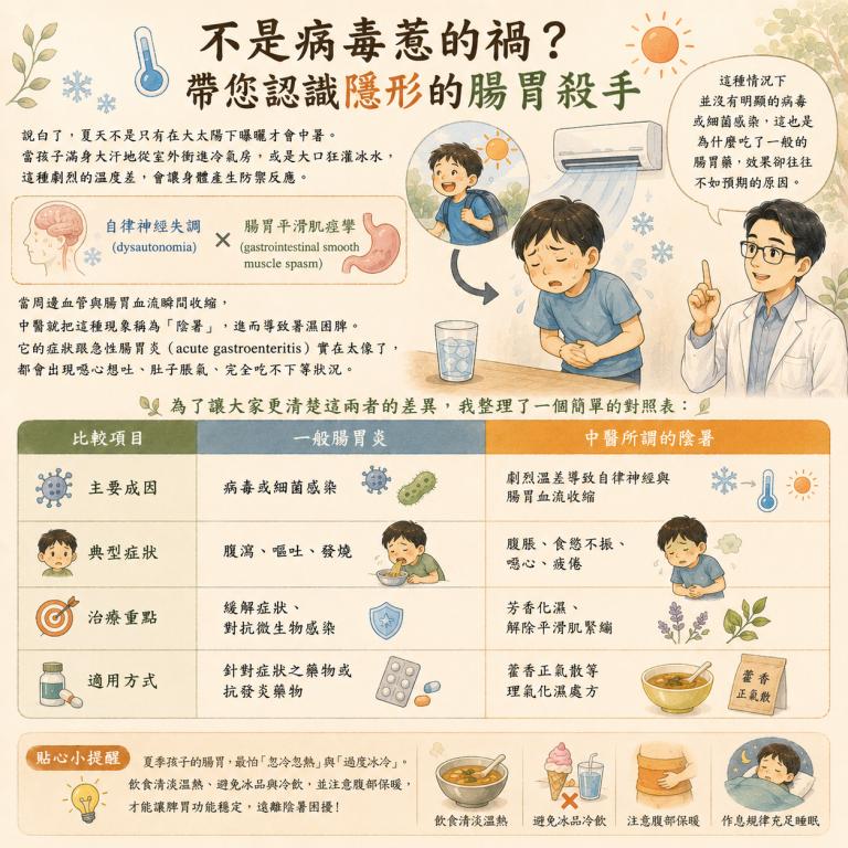 夏季吹冷氣與喝冰水導致陰暑示意圖