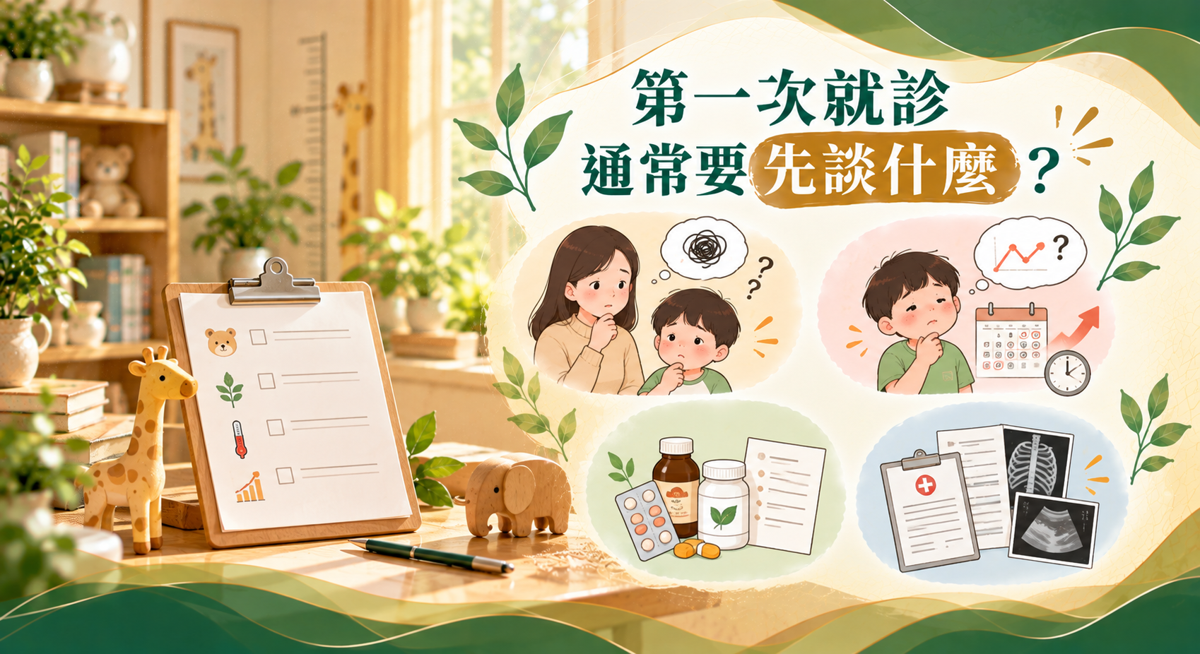 兒童第一次就診評估圖示，呈現家長與孩子的困擾、體重成長趨勢、目前用藥，以及既有檢查和影像資料。