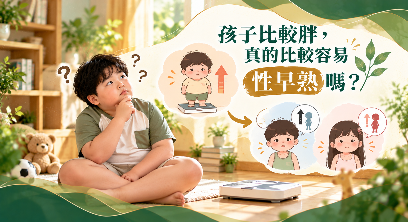 體重偏高的男童坐在體重計旁思考，圖示說明過重與提早進入青春期可能有關，但不能單憑體型判定性早熟。
