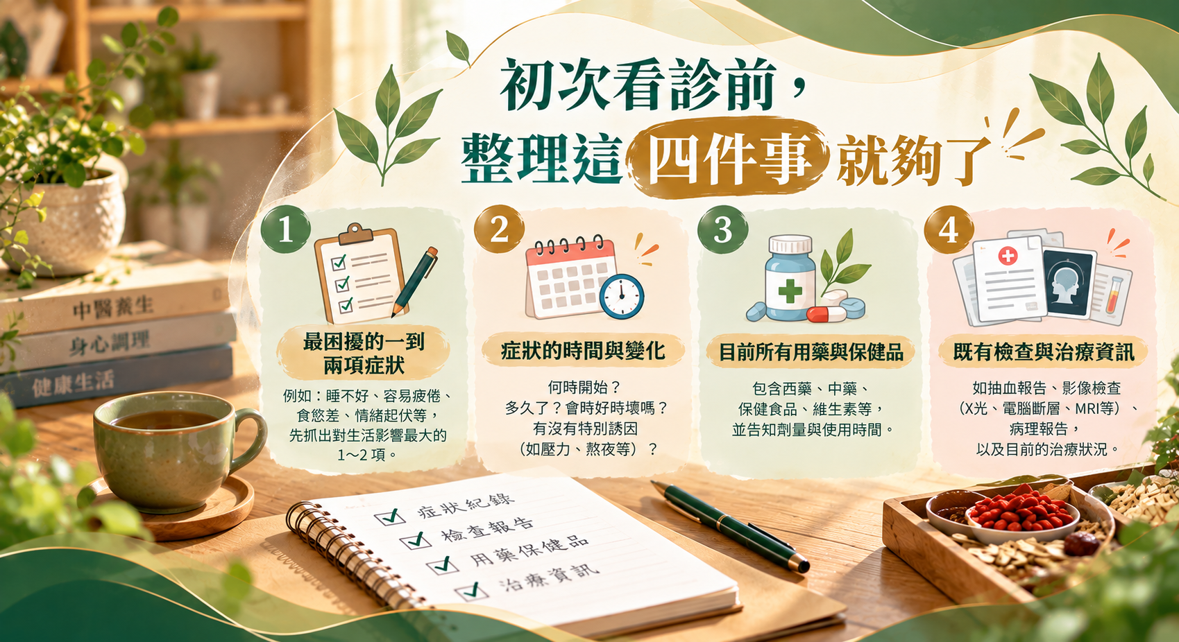 初次看診前準備清單,包含整理主要症狀、攜帶相關檢查報告、提供生活作息與習慣,以及說明希望改善的困擾與目標。