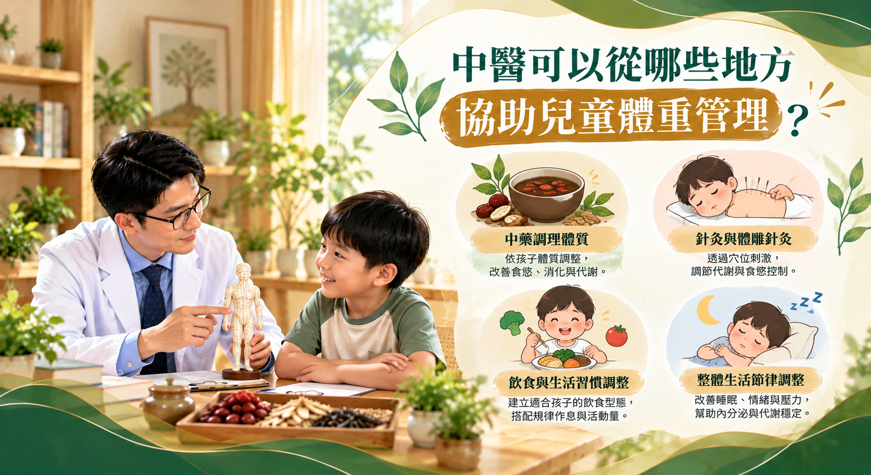 李俊廷醫師向男童說明體重管理，圖示呈現中藥調理、針灸與體雕針灸、飲食生活習慣及睡眠節律調整等方向。
