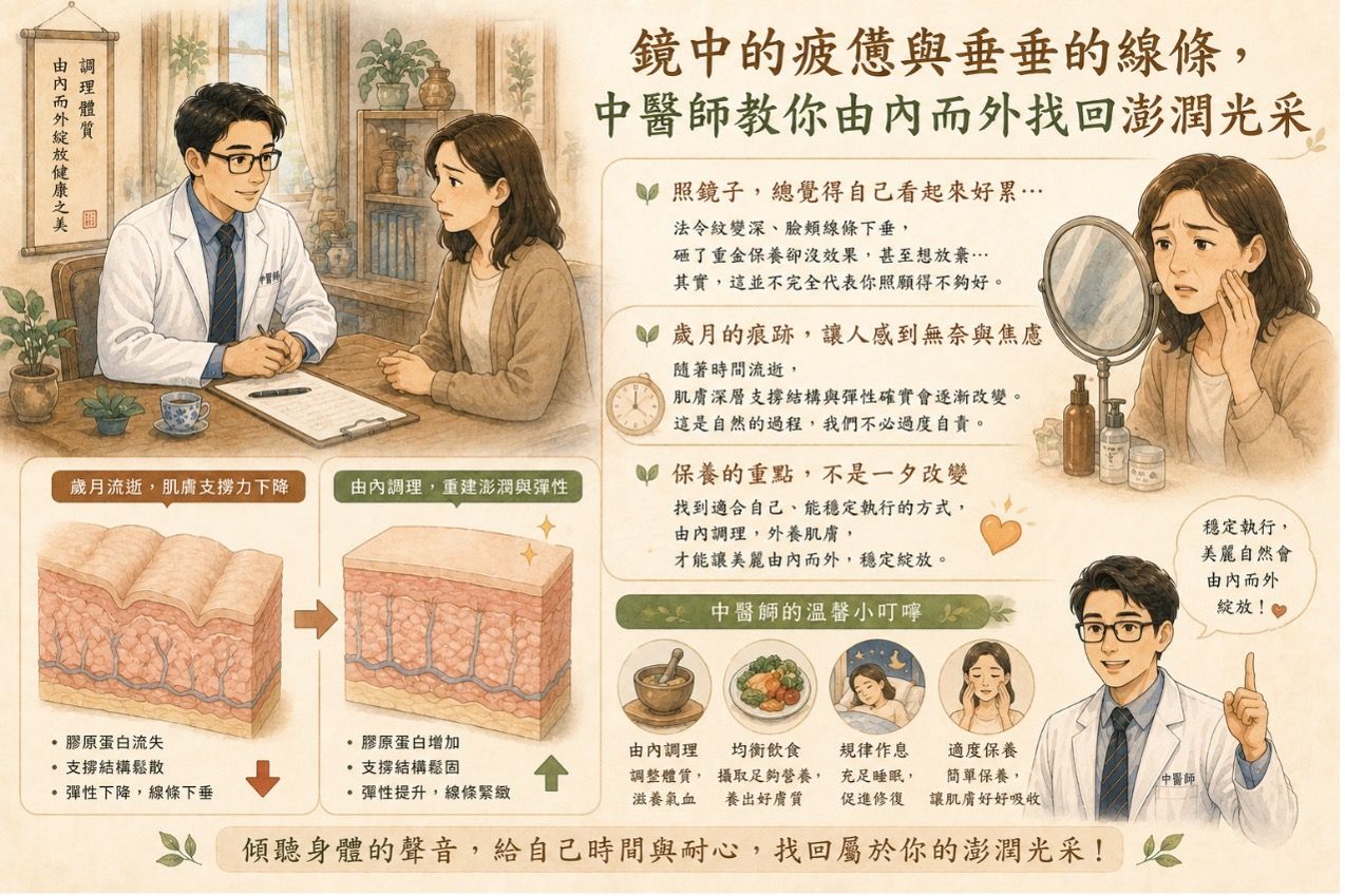 美顏針抗老原理示意圖,說明細針刺激臉部肌肉、筋膜與穴位,幫助改善臉部下垂與鬆弛。
