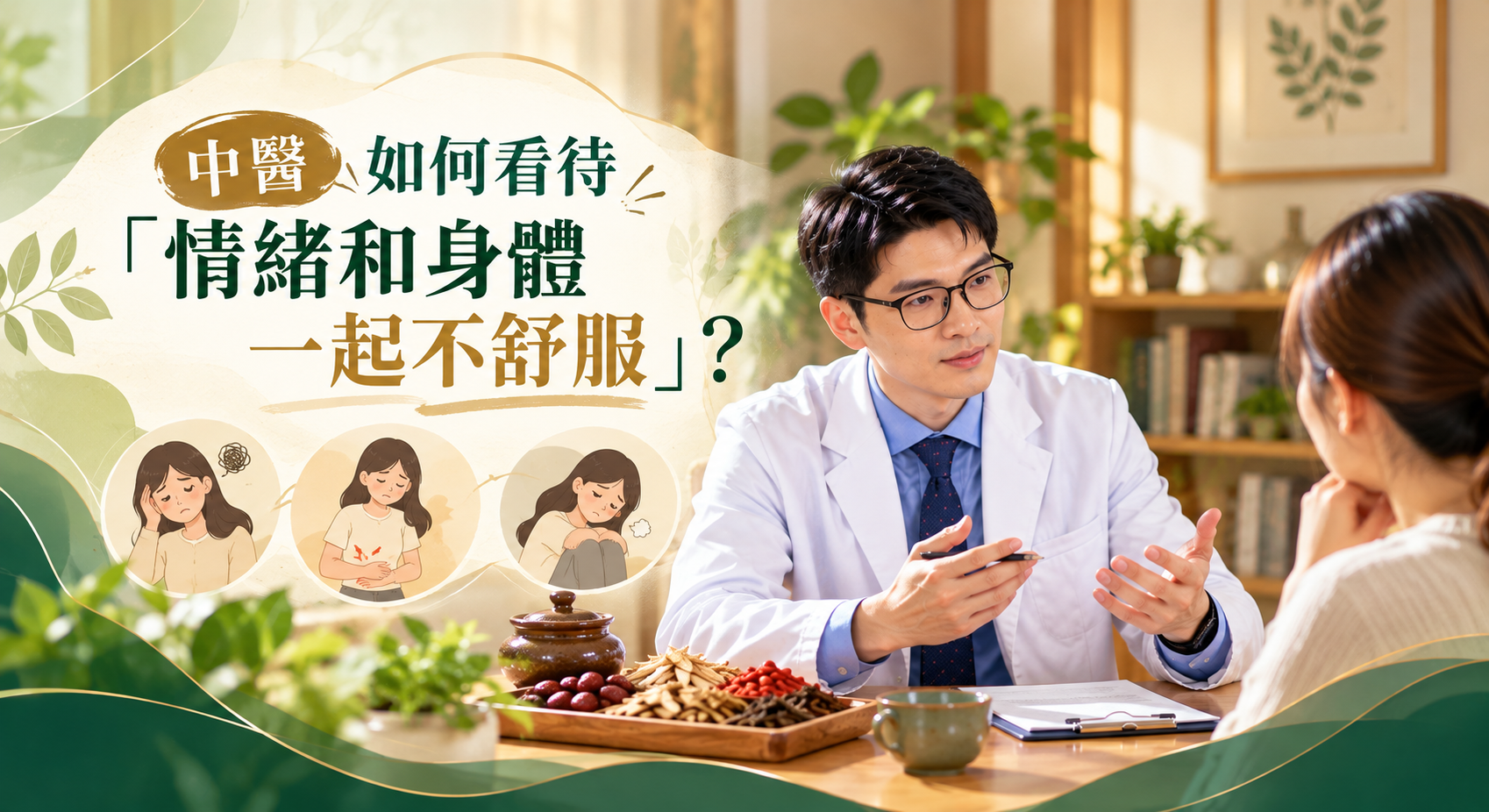 中醫師與女性患者討論情緒及身體不適,旁邊圖示呈現頭痛、腸胃不適與情緒低落等症狀。