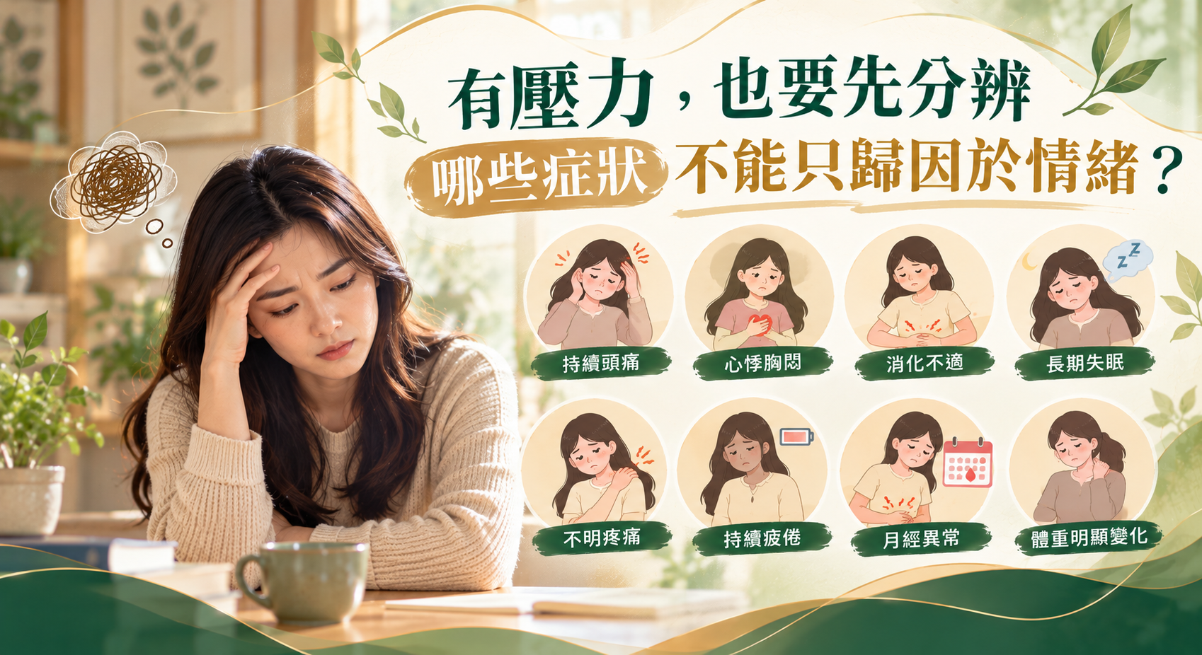 壓力大的女性扶額沉思,圖示列出持續頭痛、心悸胸悶、消化不適、長期失眠、不明疼痛、持續疲倦、月經異常與體重明顯變化等需進一步評估的症狀。