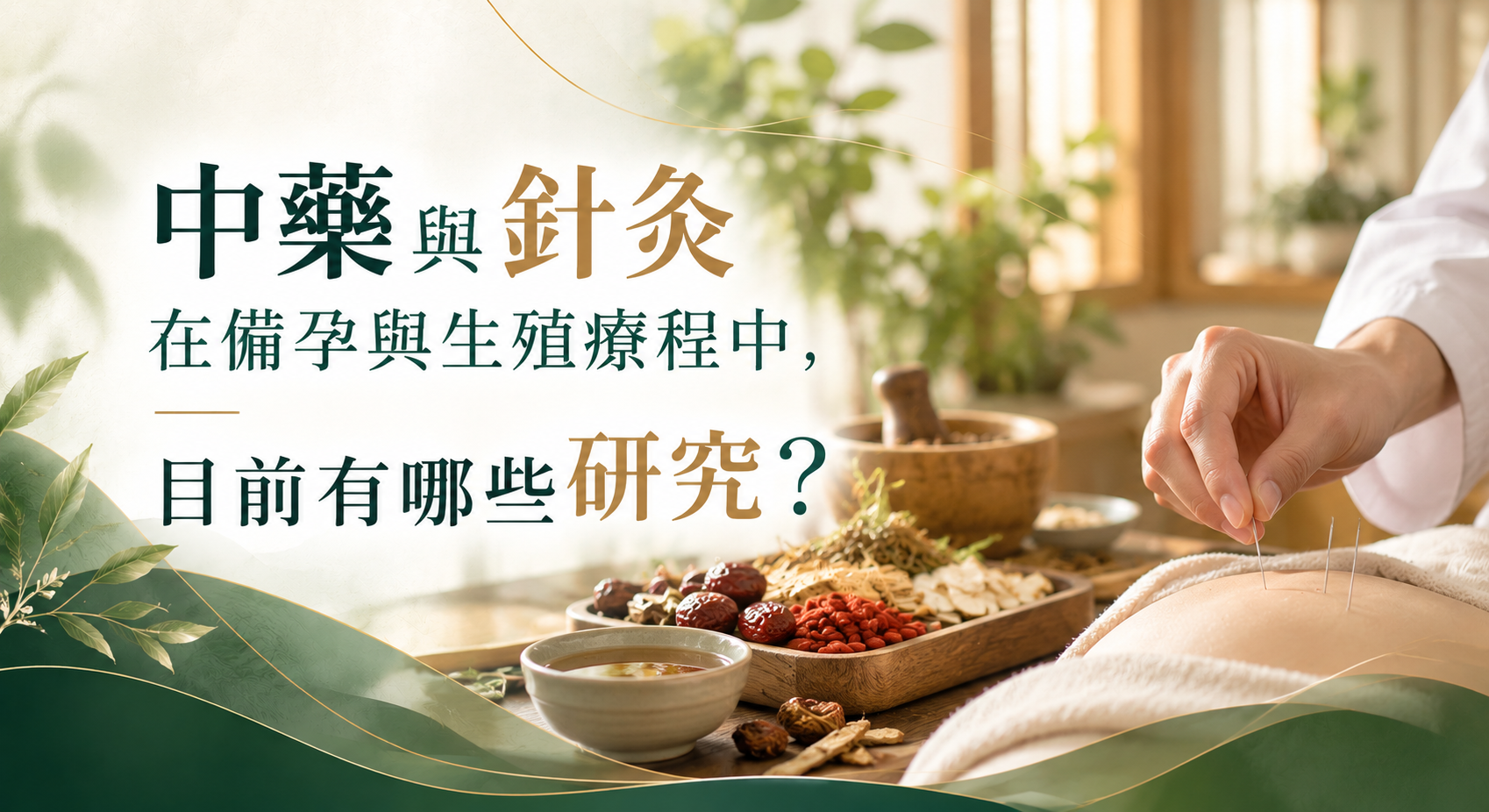 醫師為躺臥女性進行腹部針灸,旁邊擺有中藥材,搭配文字介紹中藥與針灸在備孕及生殖療程中的研究。