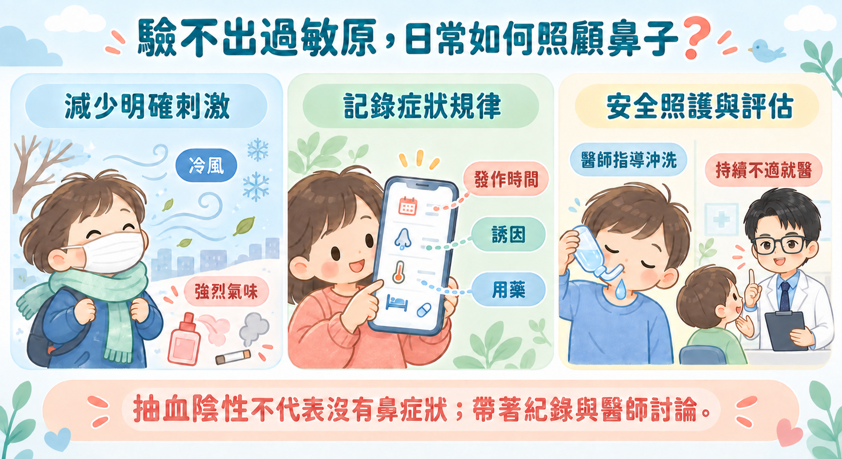 三欄插圖呈現戴口罩減少冷風與氣味刺激、用手機記錄鼻症狀及誘因，以及在醫師指導下沖洗鼻腔或就醫評估。