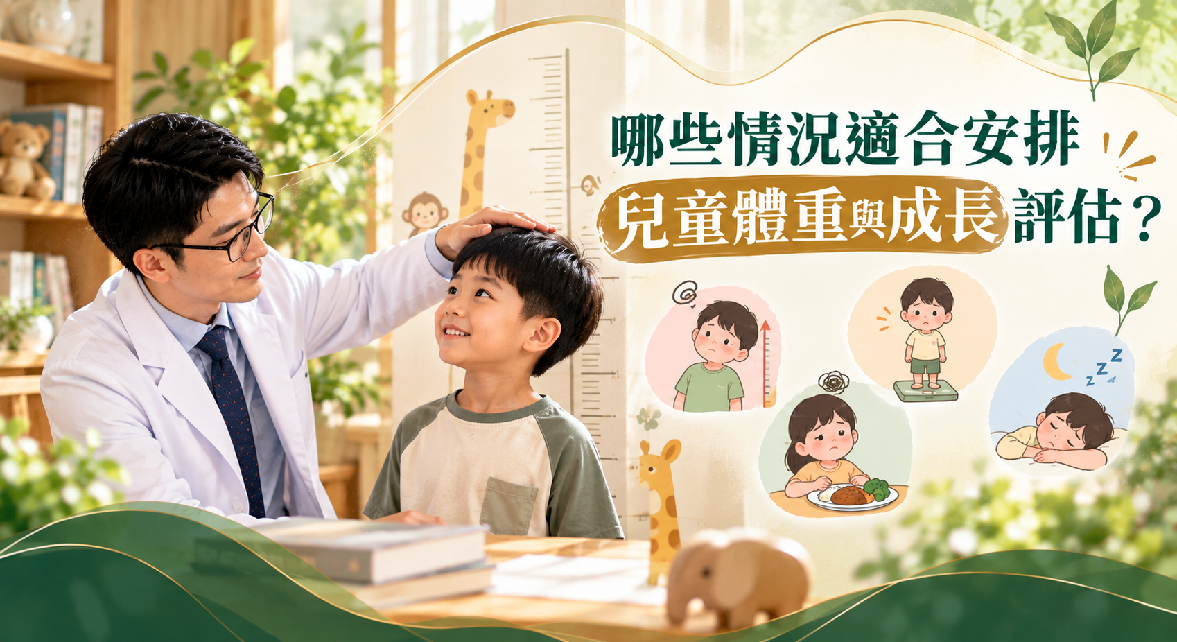中醫師為男童測量身高，圖示呈現體重快速增加、食慾問題與睡眠不佳等適合安排兒童體重及成長評估的情況。