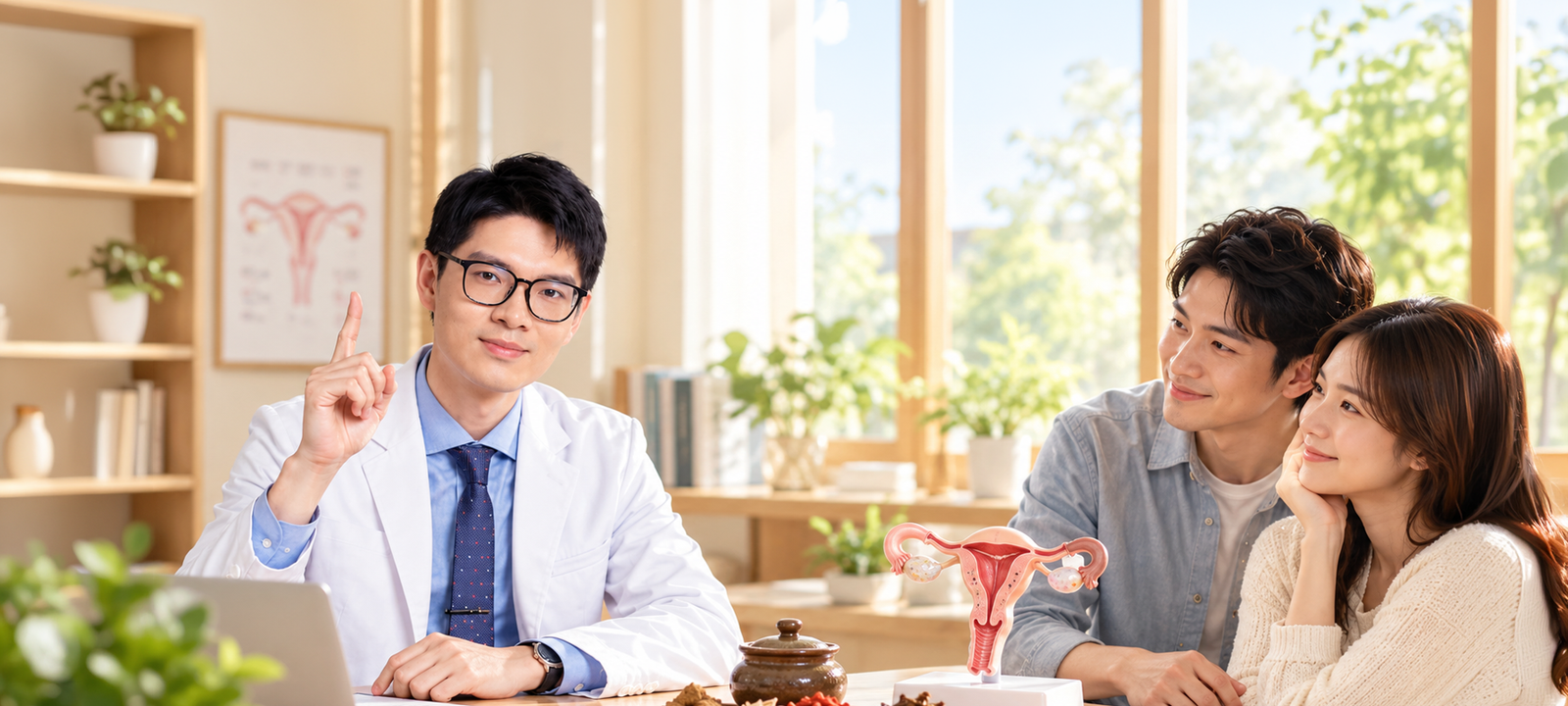 中醫師在診間向準備懷孕的夫妻說明備孕評估,桌上擺有女性生殖系統模型與中藥材。