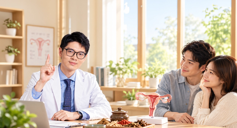 中醫師在診間向準備懷孕的夫妻說明備孕評估,桌上擺有女性生殖系統模型與中藥材。