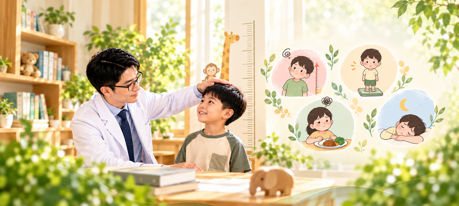 中醫師為男童測量身高,圖示呈現體重快速增加、食慾問題與睡眠不佳等適合安排兒童體重及成長評估的情況。