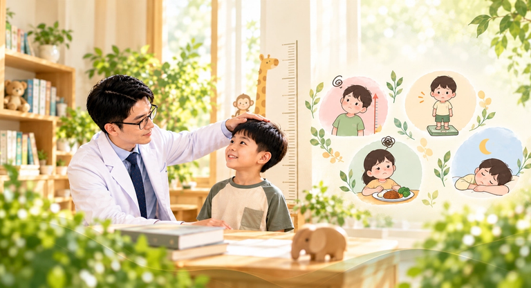 中醫師為男童測量身高,圖示呈現體重快速增加、食慾問題與睡眠不佳等適合安排兒童體重及成長評估的情況。