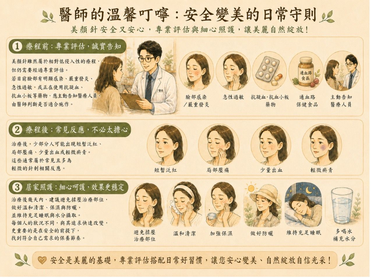 美顏針安全照護圖,說明療程後應避免揉壓、刺激性保養品、酸類與大力按摩。