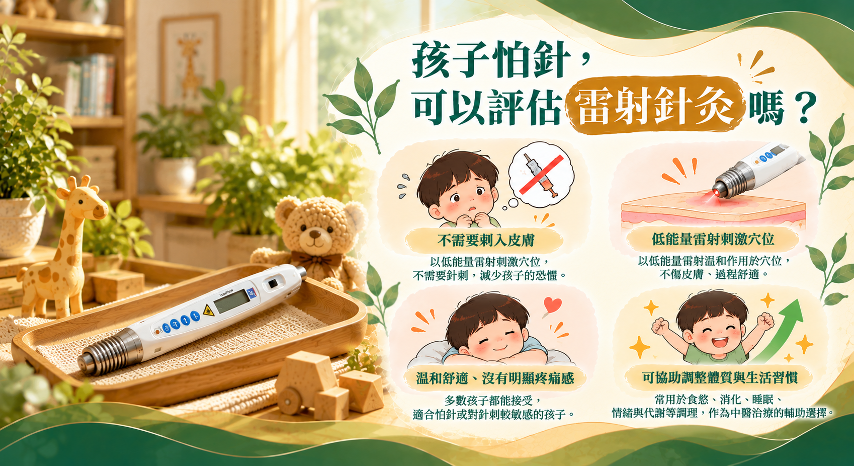 兒童雷射針灸儀器與圖解，說明療程不需刺入皮膚、以低能量雷射刺激穴位，感受溫和並可協助調整體質與生活習慣。