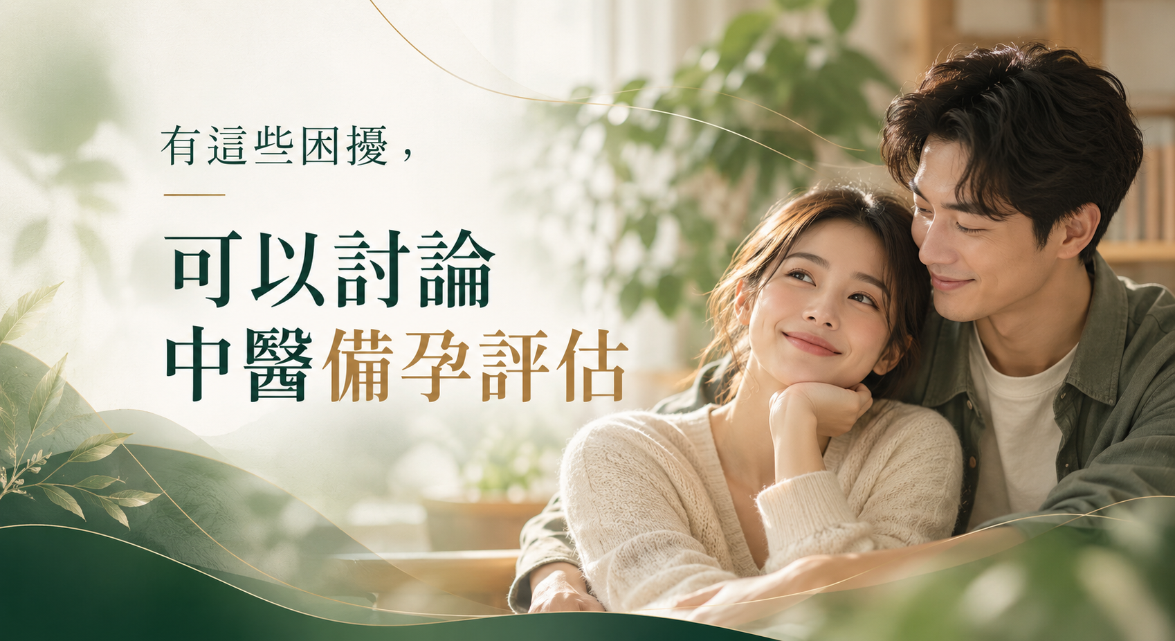 準備懷孕的夫妻相互依偎,搭配文字「有這些困擾,可以討論中醫備孕評估」。