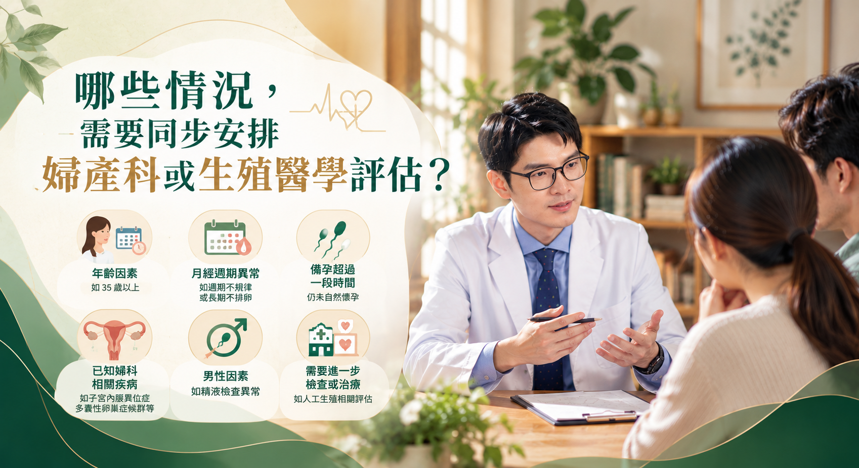 醫師與夫妻討論生育評估,圖示列出 35 歲以上、月經週期異常、久未懷孕、婦科疾病、男性因素及需進一步檢查或治療等情況。