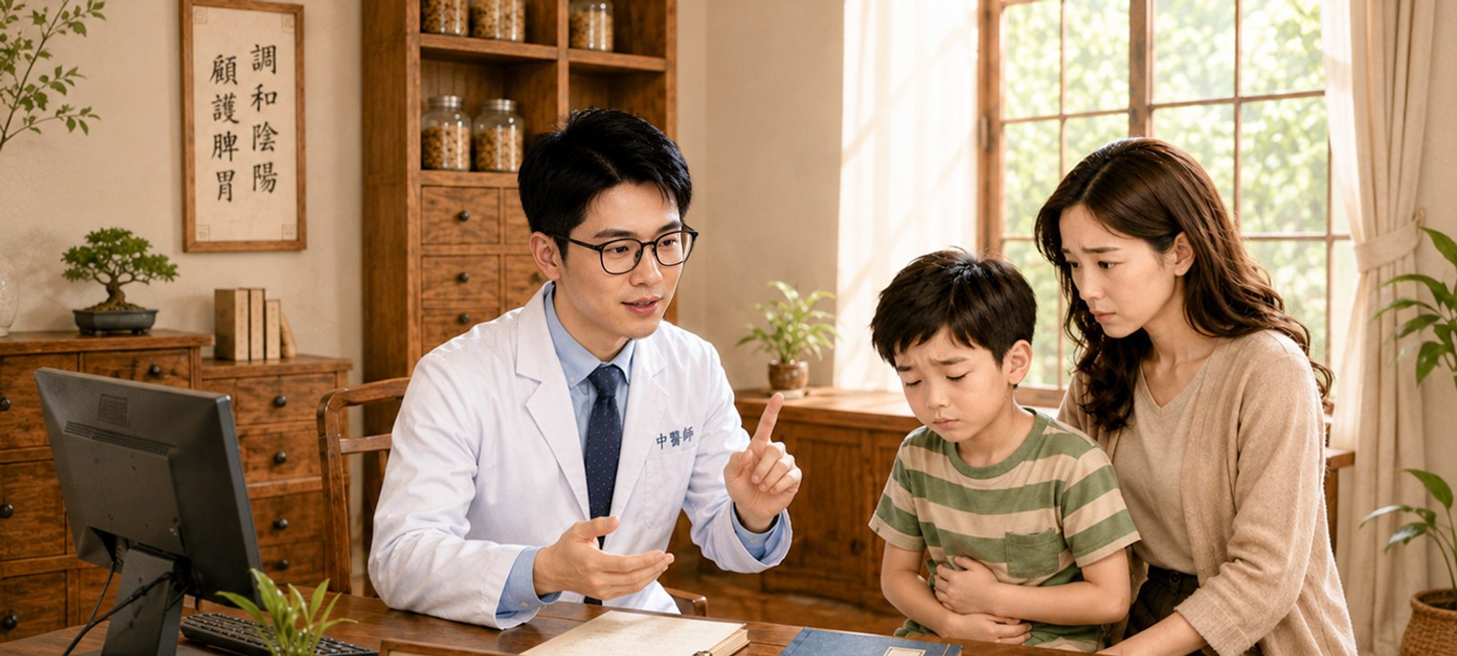 孩子因陰暑導致食慾不振與肚子痛,中醫師診察示意圖