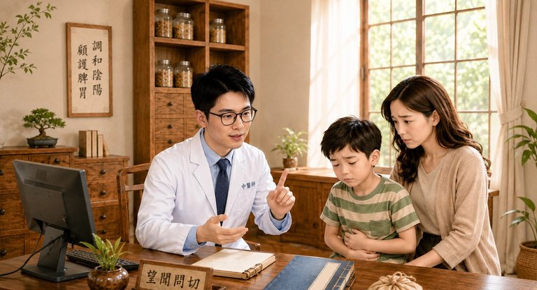 孩子因陰暑導致食慾不振與肚子痛,中醫師診察示意圖