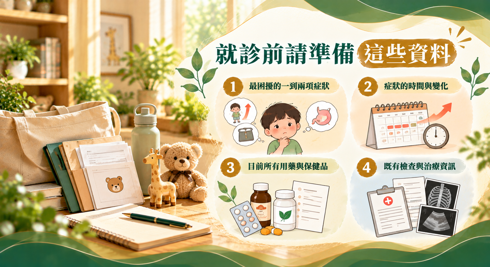 兒童就診前資料準備圖解，列出最困擾的症狀、症狀時間與變化、目前用藥和保健品，以及既有檢查與治療資訊。