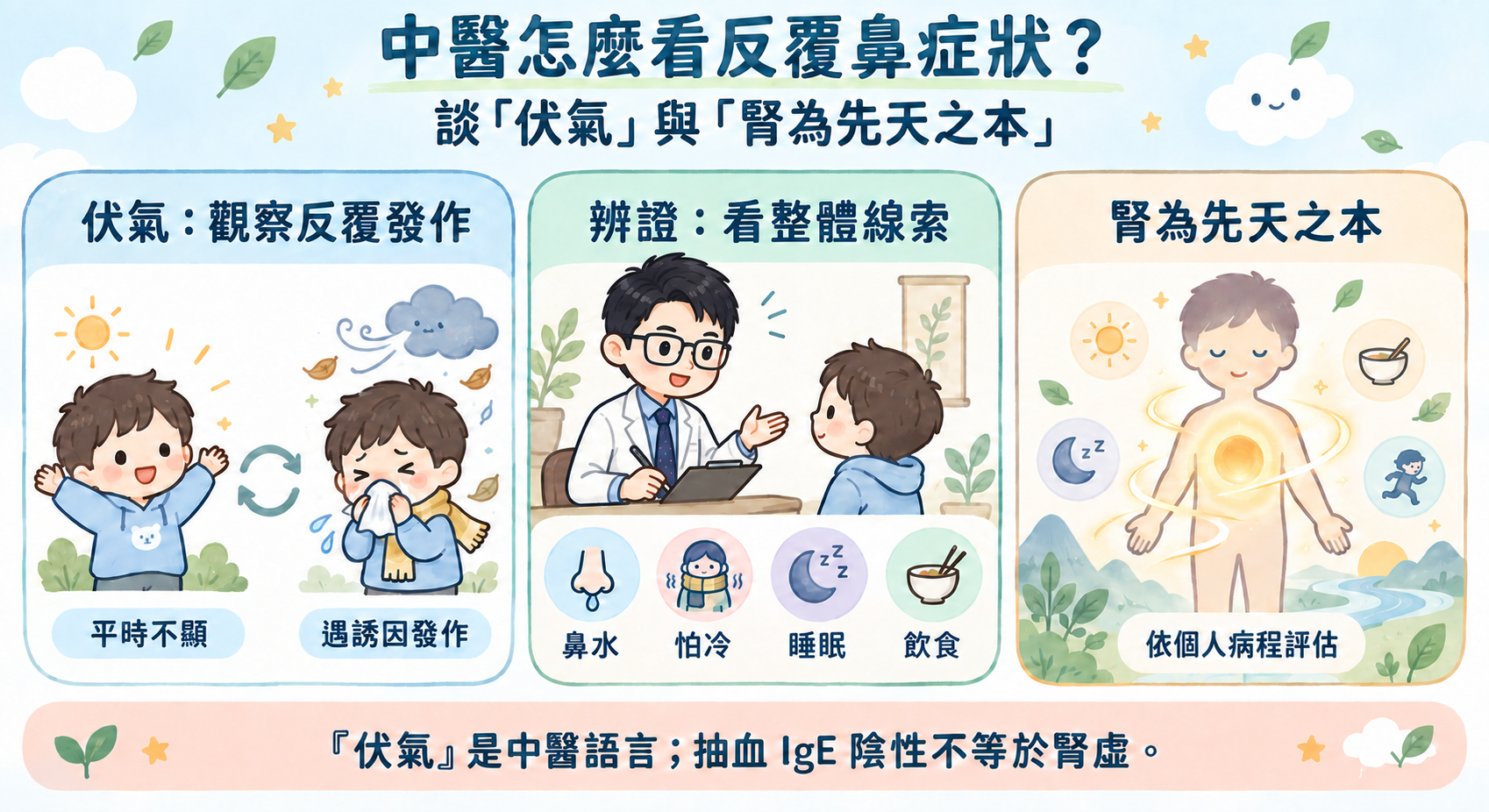 三欄插圖說明以「伏氣」觀察反覆鼻症狀、由醫師依鼻水、怕冷、睡眠及飲食等線索辨證，並強調抽血 IgE 陰性不等於腎虛。