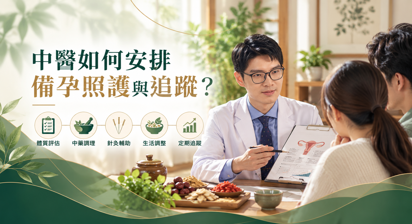中醫師向夫妻說明備孕資料,圖示呈現體質評估、中藥調理、針灸輔助、生活調整與定期追蹤。