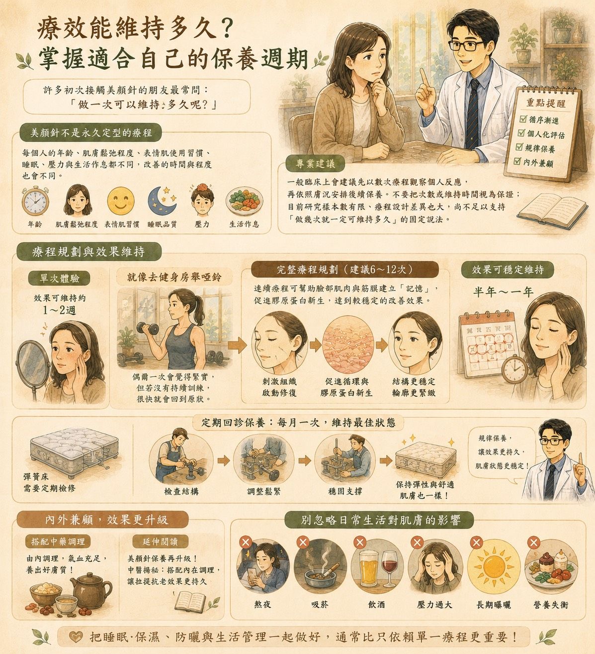 美顏針療程週期說明圖,提醒效果維持時間因年齡、膚況、睡眠與生活作息而不同。