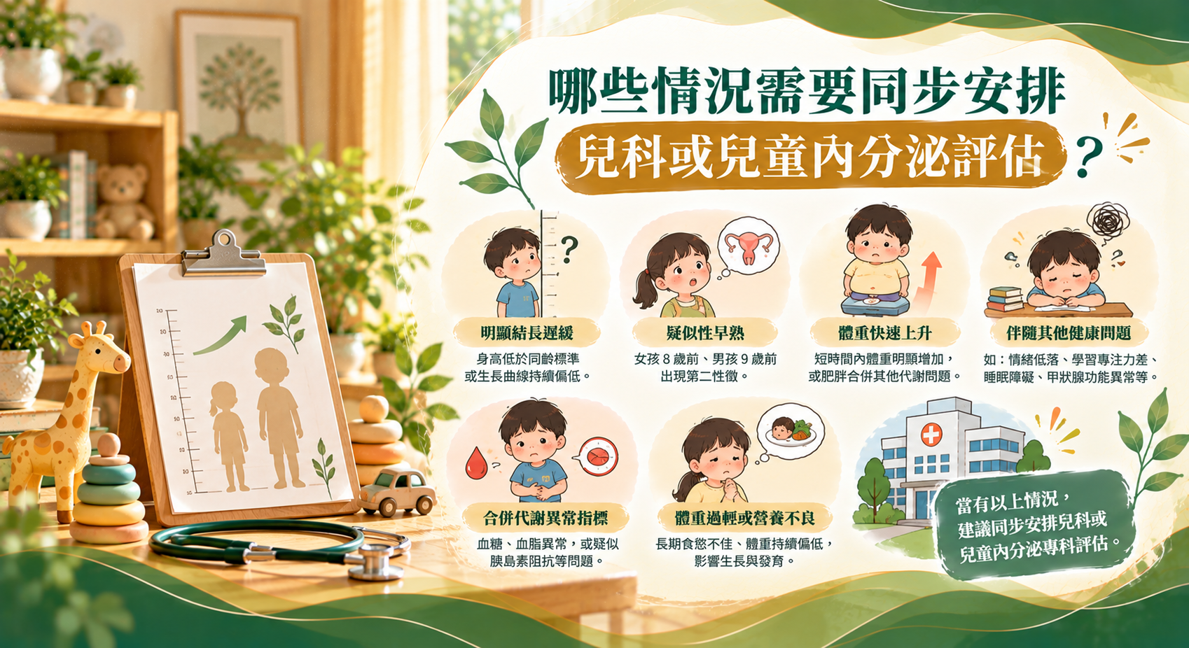 兒童體重與發育警訊圖解，列出明顯成長遲緩、疑似性早熟、體重快速上升、代謝異常、體重過輕或營養不良，以及伴隨其他健康問題等需同步安排兒科或兒童內分泌評估的情況。