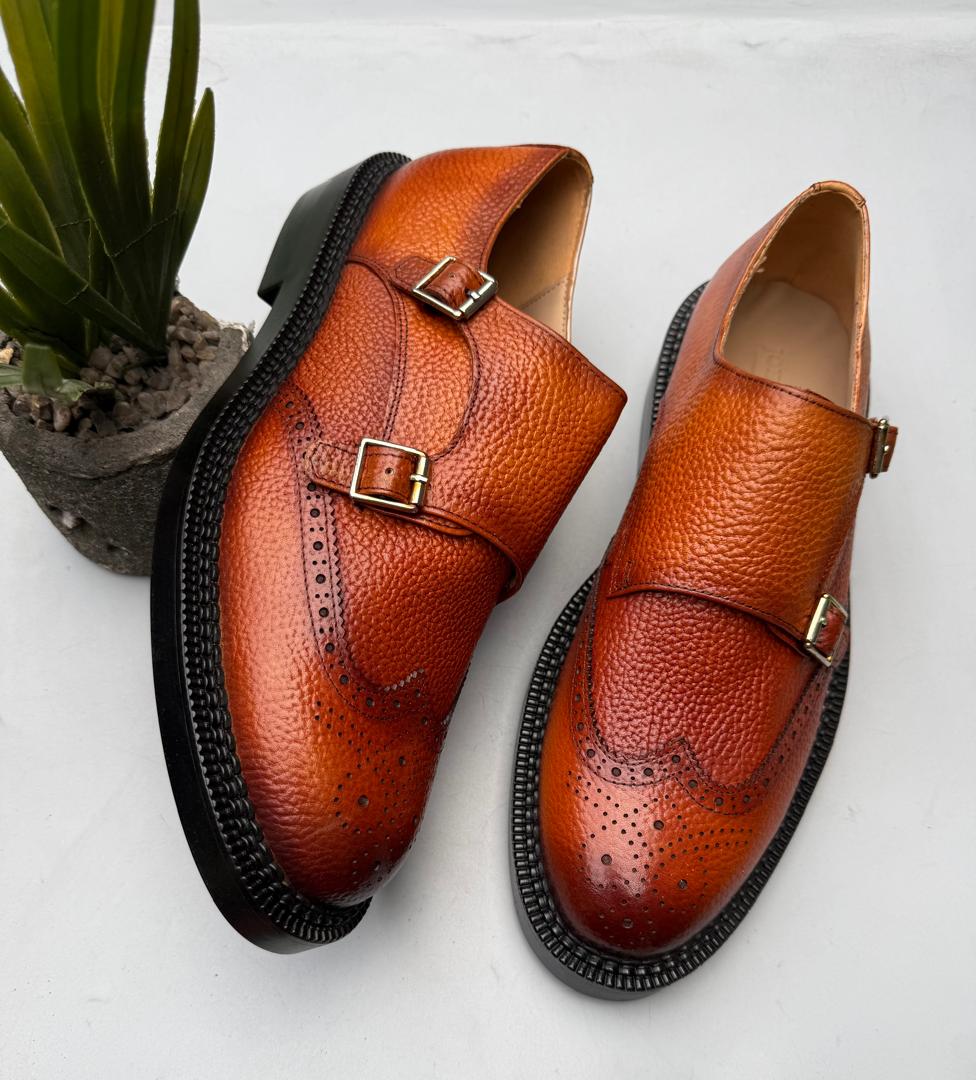 Cognac Pebbled Wingtip Double Monk | Chaussure Royale – Pretoria