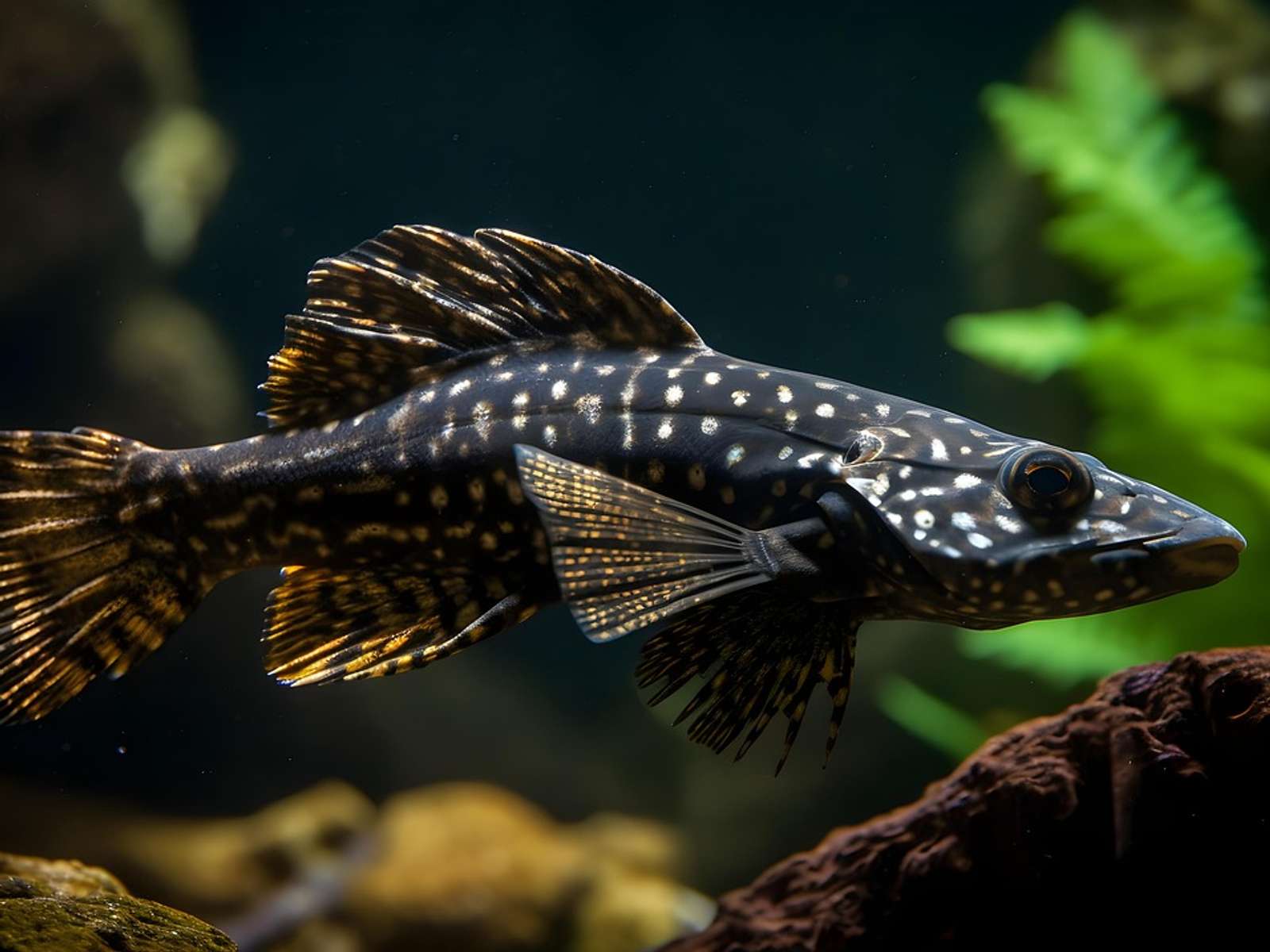 A sailfin pleco, a related armored catfish, resting on the riverbed