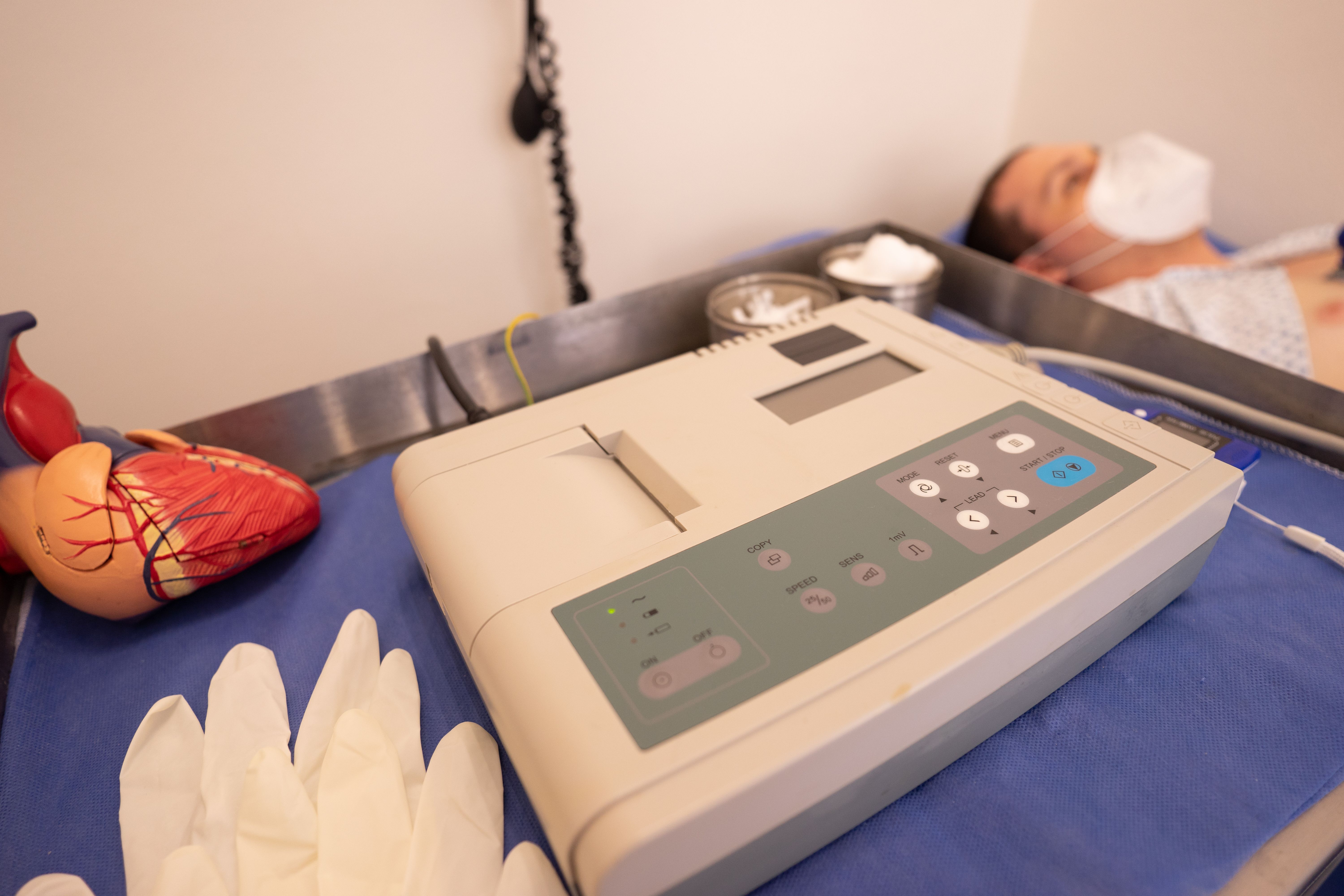 An anatomical heart model beside an electrocardiogram machine in a clinical treatment room.