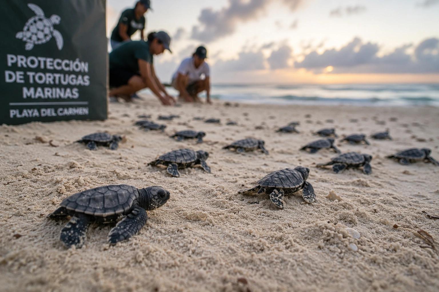 Baby sea turtle making its way across a protected beach in Playa del Carmen, Mexico